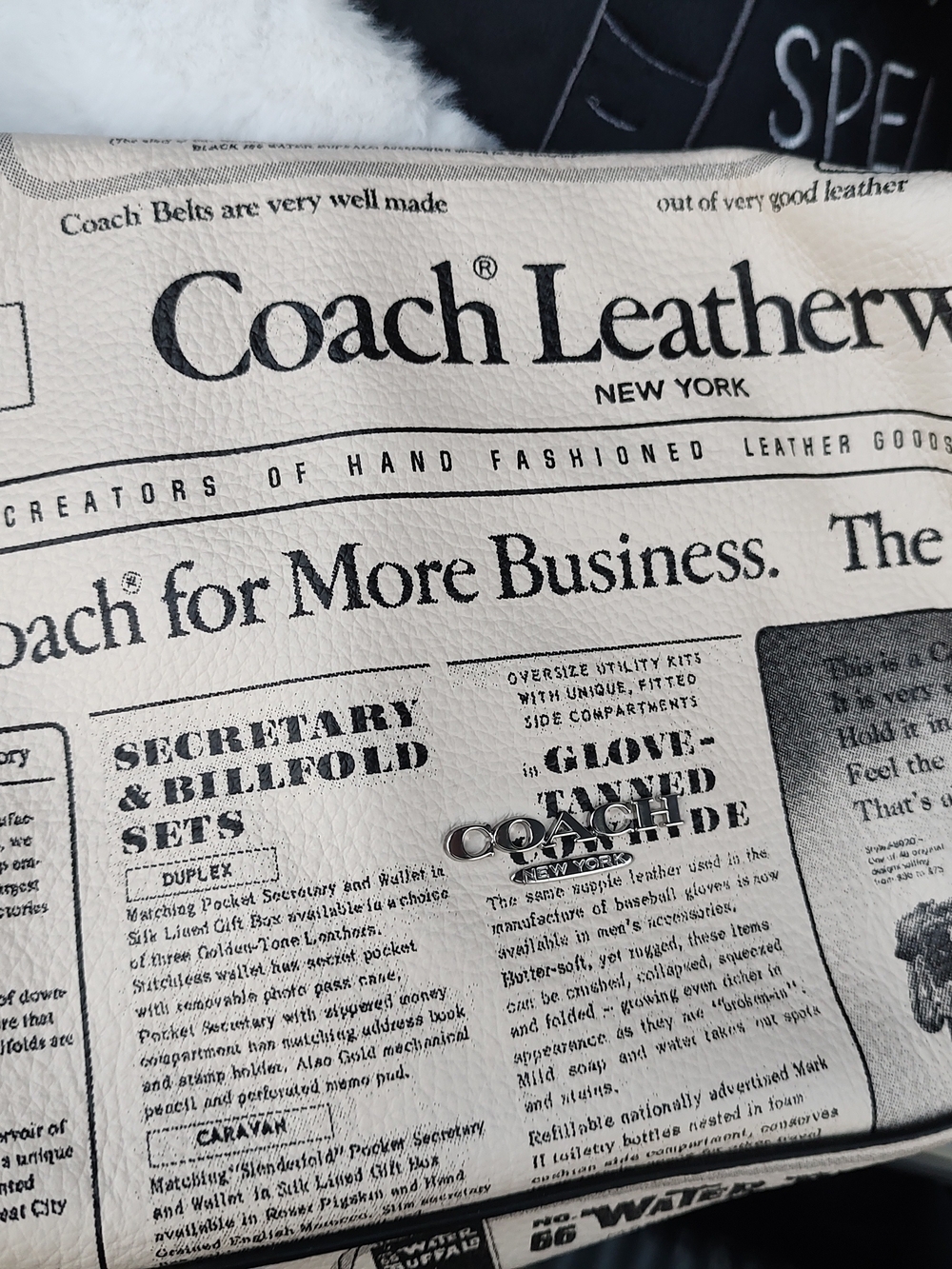 Coach Cream and Black Newspaper Print Leather Small Finn Crossbody Bag